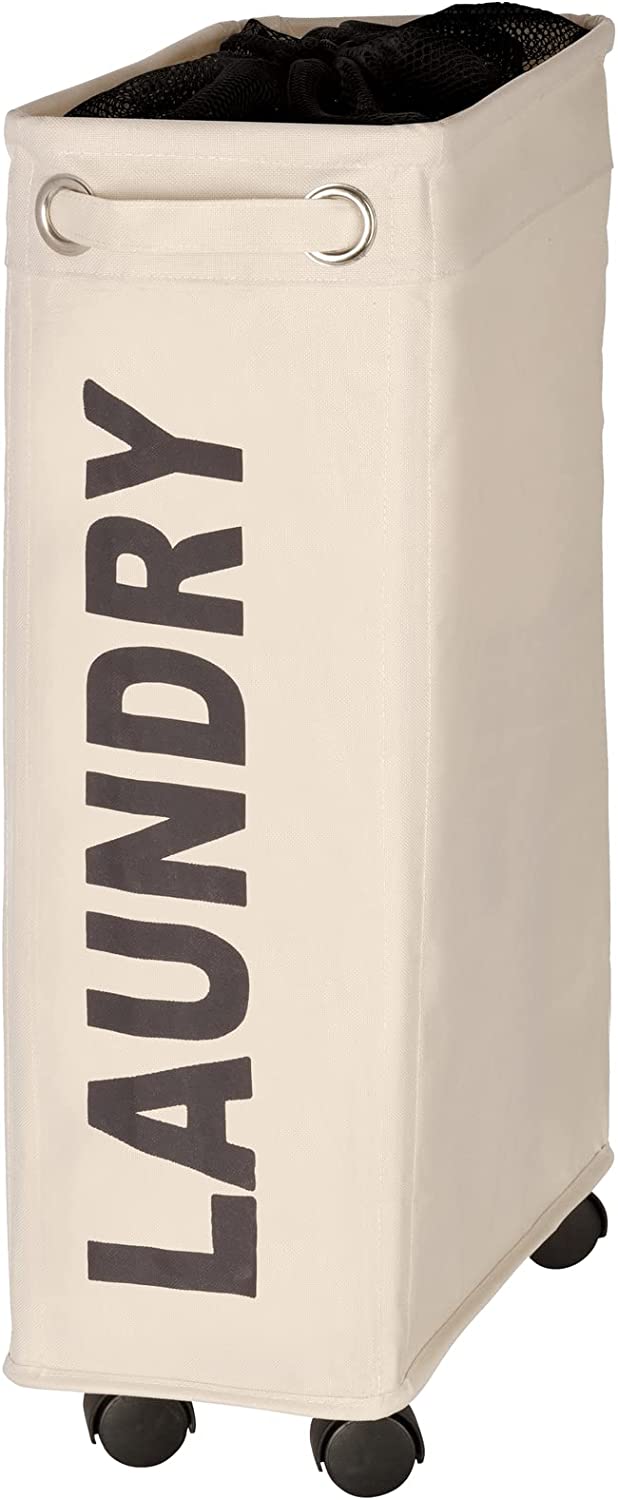 WENKO Beige Corno-Thin Small Space bin-Narrow Hamper, Collector, Laundry Basket with Wheels, 7.3 x 23.6 x 15.7 inch