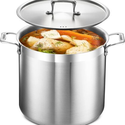 Stockpot – 16 Quart – Brushed Stainless Steel – Heavy Duty Induction Pot with Lid and Riveted Handles – For Soup, Seafood, Stock, Canning and for Catering for Large Groups and Events by BAKKEN
