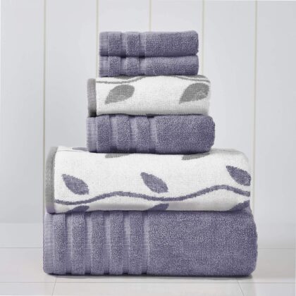 Modern Threads 6-Piece Yarn Dyed Organic Vines Jacquard/Solid Ultra Soft 550GSM 100% Combed Cotton Towel Set Grey Lavender