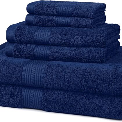 Amazon Basics 6-Piece Fade Resistant Bath, Hand and Washcloth Towel Set – Navy Blue